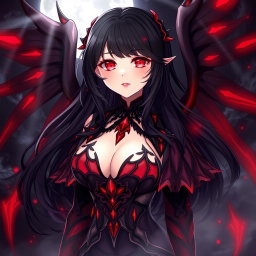 A beautifully illustrated character named Raynare, featuring her with dark, flowing hair and striking crimson eyes
