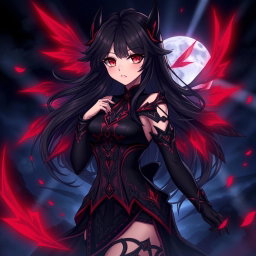 A beautifully illustrated character named Raynare, featuring her with dark, flowing hair and striking crimson eyes