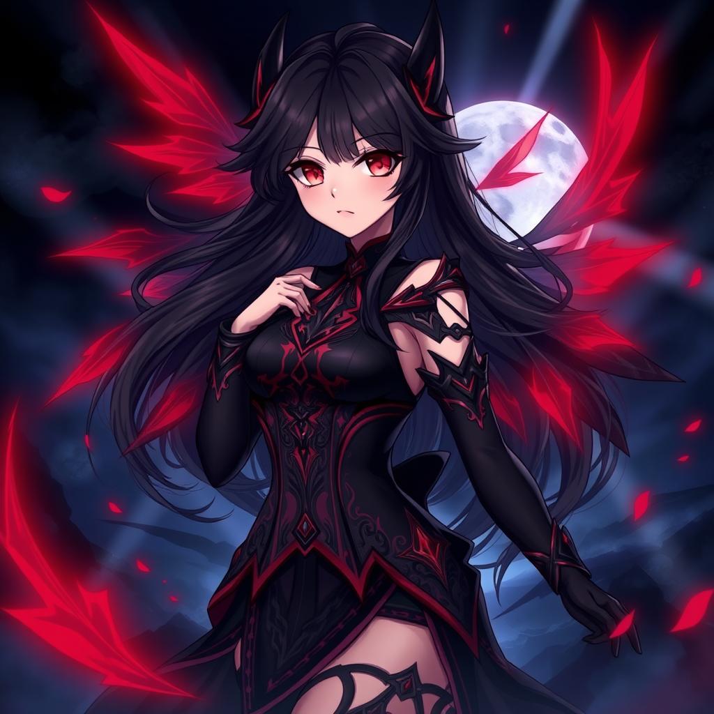 A beautifully illustrated character named Raynare, featuring her with dark, flowing hair and striking crimson eyes