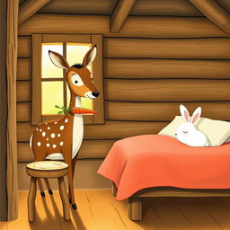 Inside a rustic wooden cabin, a brown spotted deer is standing and holding a vibrant carrot in its mouth