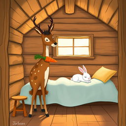 Inside a rustic wooden cabin, a brown spotted deer is standing and holding a vibrant carrot in its mouth