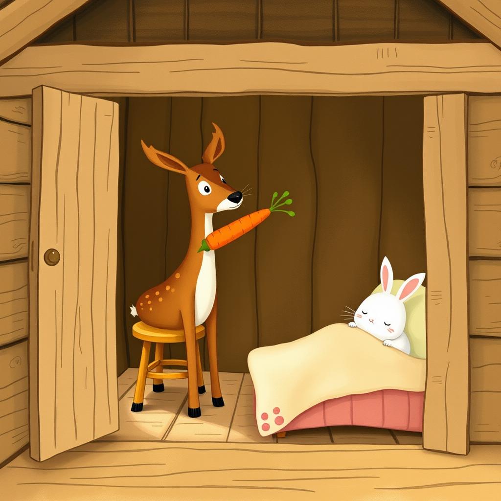 Inside a rustic wooden cabin, a brown spotted deer is standing and holding a vibrant carrot in its mouth