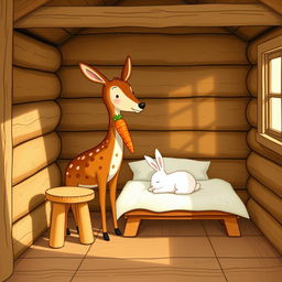 Inside a rustic wooden cabin, a brown spotted deer is standing and holding a vibrant carrot in its mouth