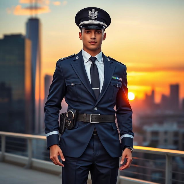 A fashionable police uniform featuring a sharp navy blue jacket with silver badges, crisp white shirt, dark tie, and crisp navy dress pants