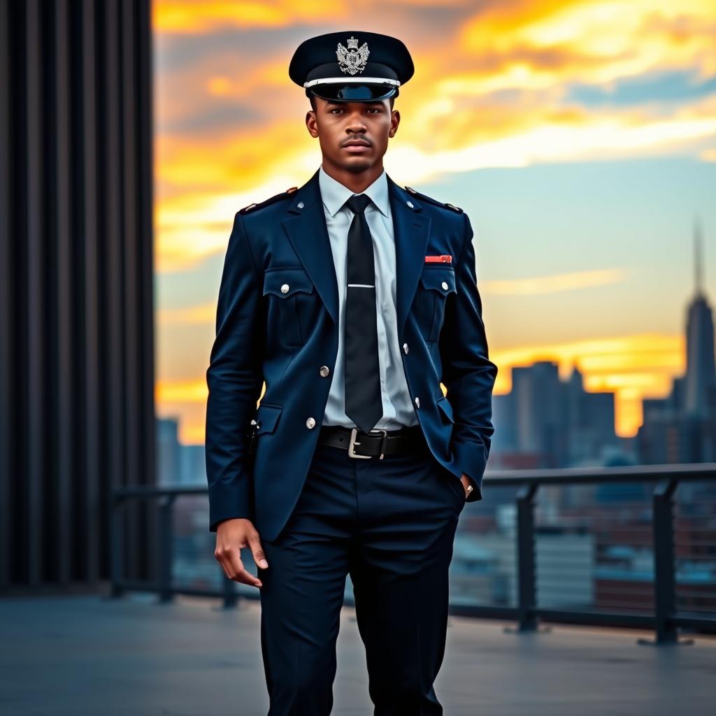 A fashionable police uniform featuring a sharp navy blue jacket with silver badges, crisp white shirt, dark tie, and crisp navy dress pants