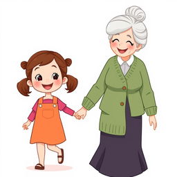 An adorable cartoon-style illustration of a little girl holding hands with an elderly woman