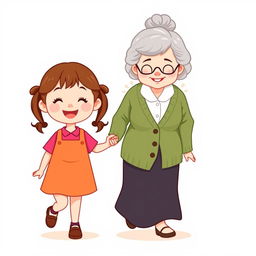 An adorable cartoon-style illustration of a little girl holding hands with an elderly woman