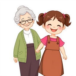 An adorable cartoon-style illustration of a little girl holding hands with an elderly woman