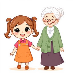 An adorable cartoon-style illustration of a little girl holding hands with an elderly woman