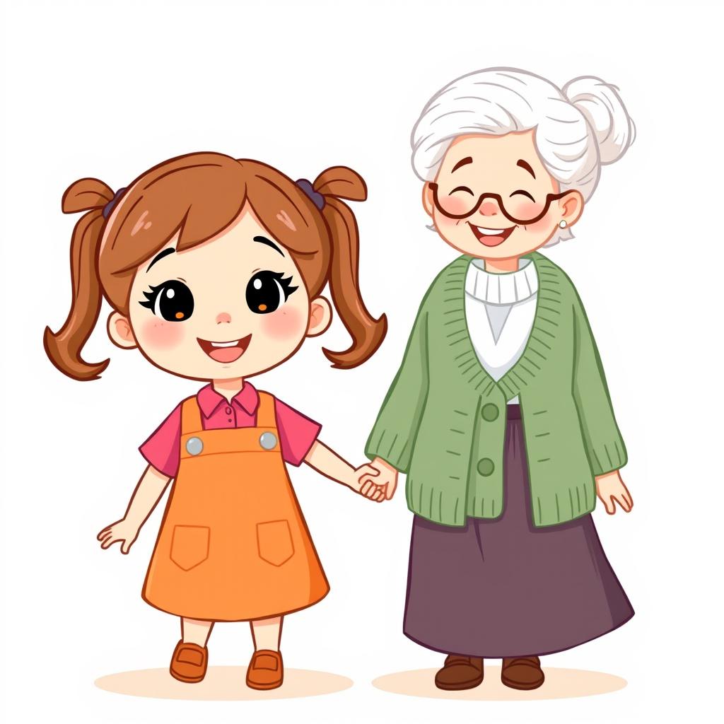 An adorable cartoon-style illustration of a little girl holding hands with an elderly woman