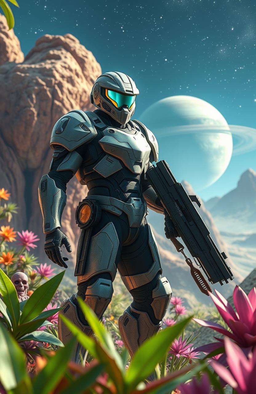 A futuristic and sleek armored soldier standing in a vibrant alien landscape, inspired by the aesthetics of a science fiction video game