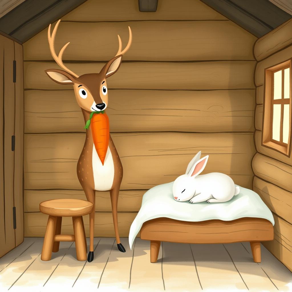 Inside a rustic wooden cabin, a brown spotted deer stands holding a bright orange carrot in its mouth