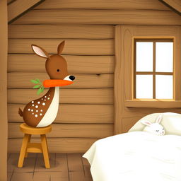 Inside a rustic wooden cabin, a brown spotted deer stands holding a bright orange carrot in its mouth