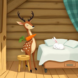 Inside a rustic wooden cabin, a brown spotted deer stands holding a bright orange carrot in its mouth