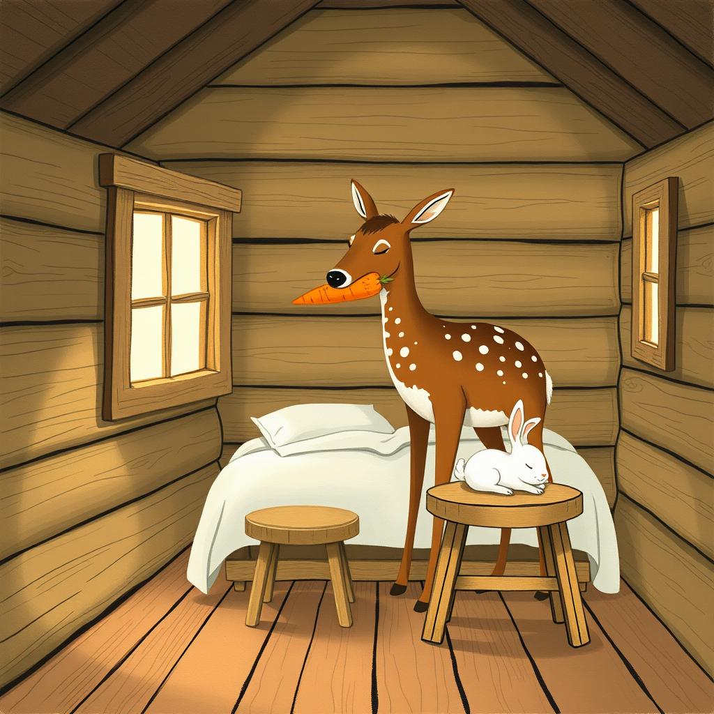 Inside a rustic wooden cabin, a brown spotted deer stands holding a bright orange carrot in its mouth
