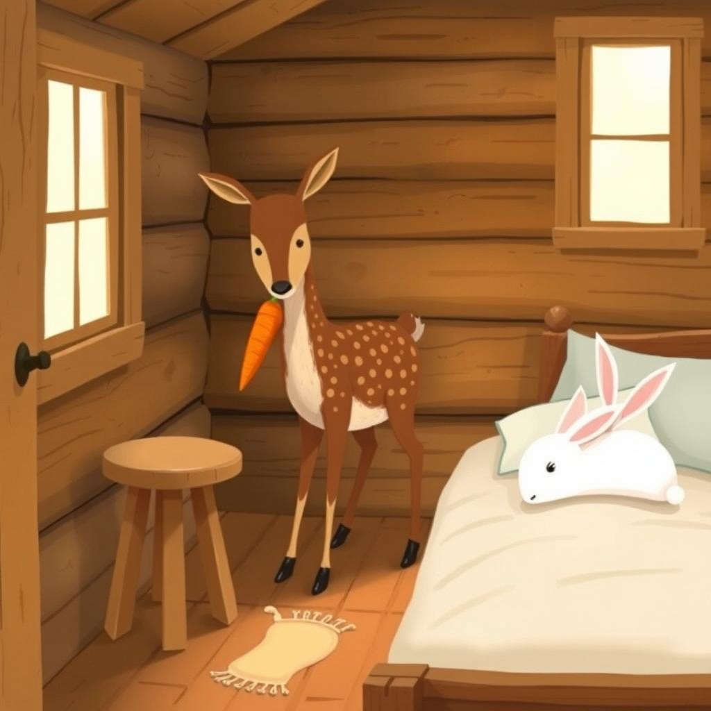Inside a cozy wooden cabin, a brown spotted deer is standing, holding a bright orange carrot in its hoof