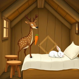 Inside a cozy wooden cabin, a brown spotted deer is standing, holding a bright orange carrot in its hoof