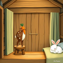 Inside a cozy wooden cabin, a brown spotted deer is standing, holding a bright orange carrot in its hoof