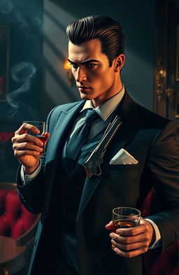 A fierce and stunning mafia character in a stylish dark suit, exuding an air of danger and confidence