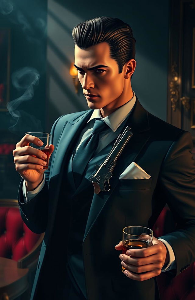 A fierce and stunning mafia character in a stylish dark suit, exuding an air of danger and confidence