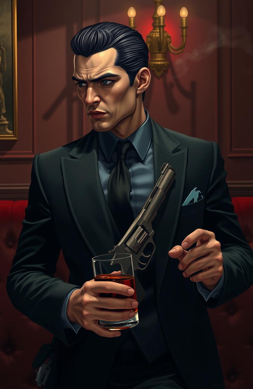 A fierce and stunning mafia character in a stylish dark suit, exuding an air of danger and confidence
