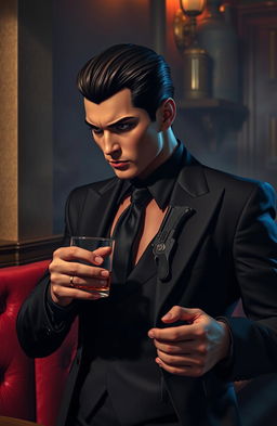 A fierce and stunning mafia character in a stylish dark suit, exuding an air of danger and confidence