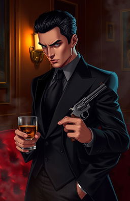 A fierce and stunning mafia character in a stylish dark suit, exuding an air of danger and confidence