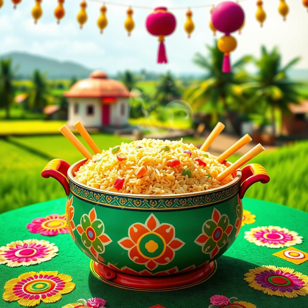 A colorful and vibrant Pongal pot filled with delicious Pongal rice, decorated with fresh sugar cane and traditional kolam designs around it
