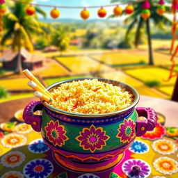 A colorful and vibrant Pongal pot filled with delicious Pongal rice, decorated with fresh sugar cane and traditional kolam designs around it