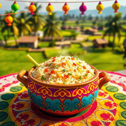 A colorful and vibrant Pongal pot filled with delicious Pongal rice, decorated with fresh sugar cane and traditional kolam designs around it
