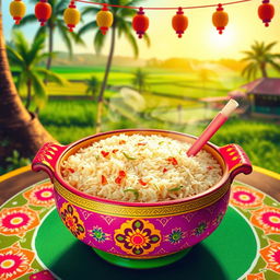 A colorful and vibrant Pongal pot filled with delicious Pongal rice, decorated with fresh sugar cane and traditional kolam designs around it