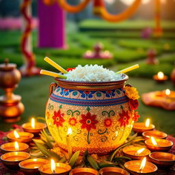 A beautifully decorated Pongal pot filled with delicious Pongal rice, surrounded by traditional oil lamps or diyas that are lit and glowing softly