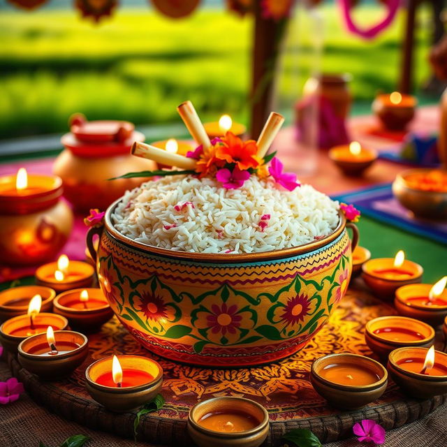 A beautifully decorated Pongal pot filled with delicious Pongal rice, surrounded by traditional oil lamps or diyas that are lit and glowing softly
