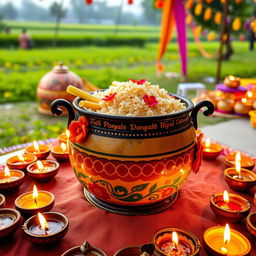 A beautifully decorated Pongal pot filled with delicious Pongal rice, surrounded by traditional oil lamps or diyas that are lit and glowing softly