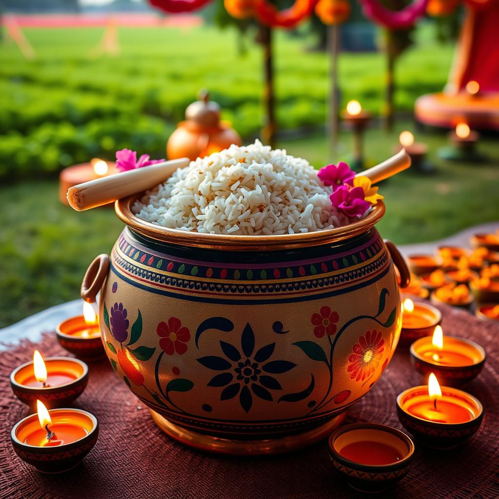 A beautifully decorated Pongal pot filled with delicious Pongal rice, surrounded by traditional oil lamps or diyas that are lit and glowing softly