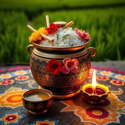 A beautifully crafted Pongal pot filled with aromatic Pongal rice, adorned with colorful flowers and fresh sugar cane, specifically for Thai Pongal celebrations