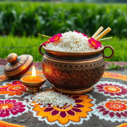 A beautifully crafted Pongal pot filled with aromatic Pongal rice, adorned with colorful flowers and fresh sugar cane, specifically for Thai Pongal celebrations
