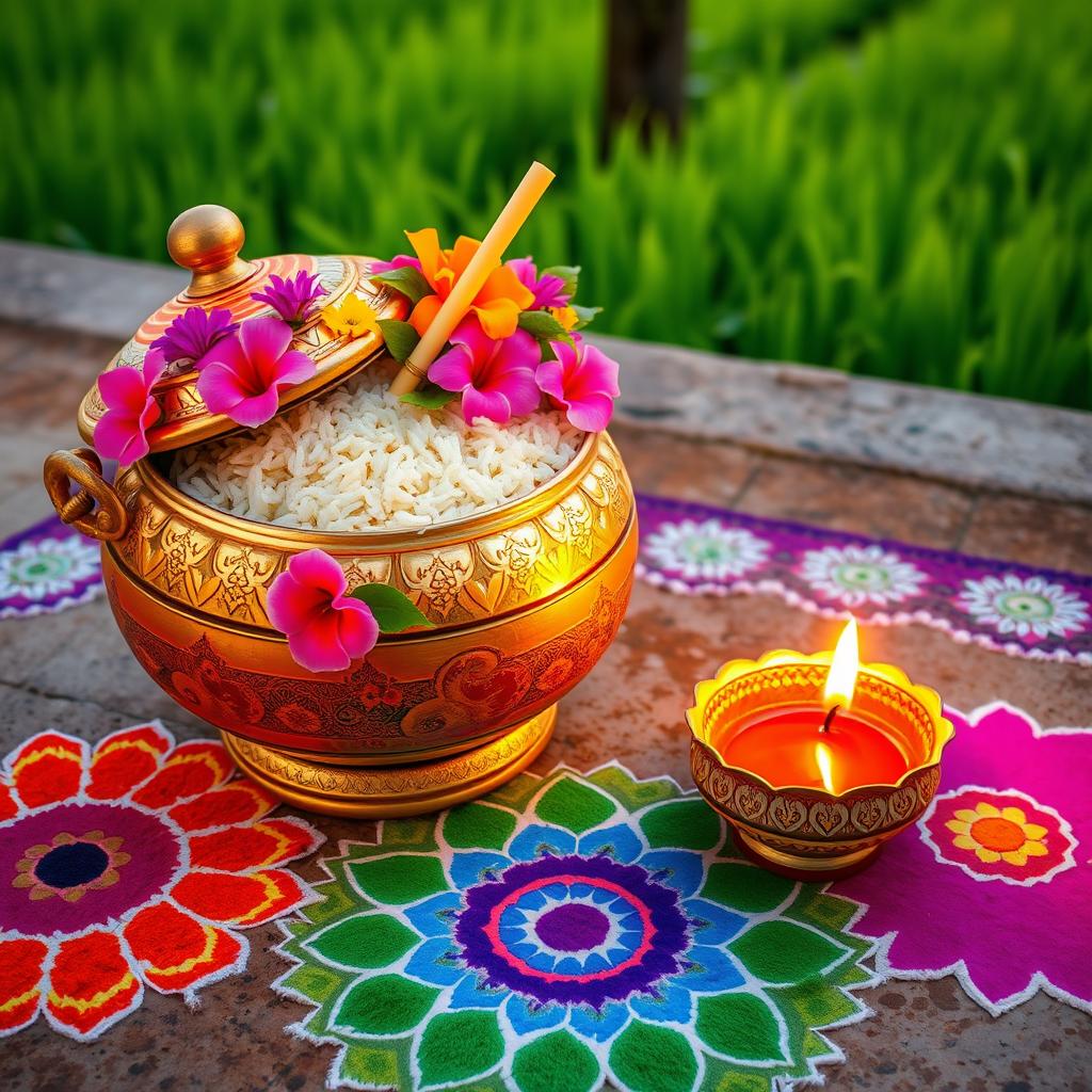 A beautifully crafted Pongal pot filled with aromatic Pongal rice, adorned with colorful flowers and fresh sugar cane, specifically for Thai Pongal celebrations
