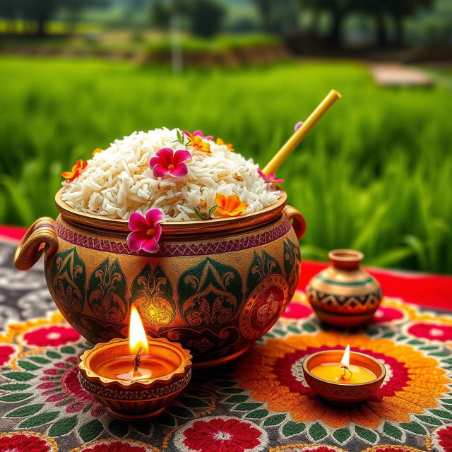 A beautifully crafted Pongal pot filled with aromatic Pongal rice, adorned with colorful flowers and fresh sugar cane, specifically for Thai Pongal celebrations