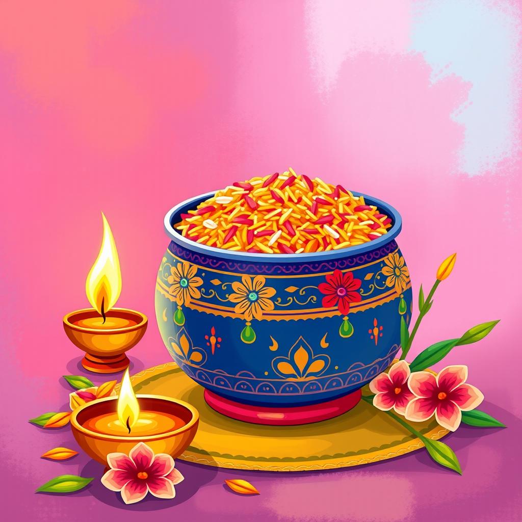 A beautiful illustration of a decorative Pongal pot filled with colorful rice, designed specifically for a Thai Pongal celebration