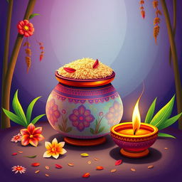 A beautiful illustration of a decorative Pongal pot filled with colorful rice, designed specifically for a Thai Pongal celebration