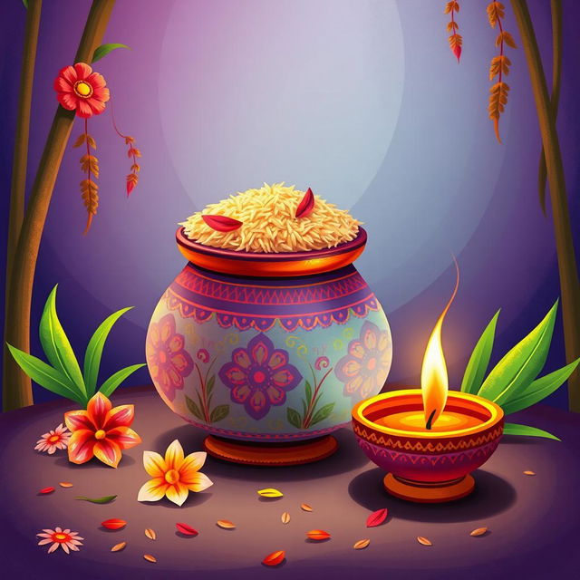 A beautiful illustration of a decorative Pongal pot filled with colorful rice, designed specifically for a Thai Pongal celebration