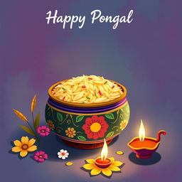 A beautiful illustration of a decorative Pongal pot filled with colorful rice, designed specifically for a Thai Pongal celebration