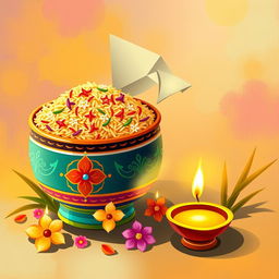 A beautiful illustration of a decorative Pongal pot filled with colorful rice, designed specifically for a Thai Pongal celebration