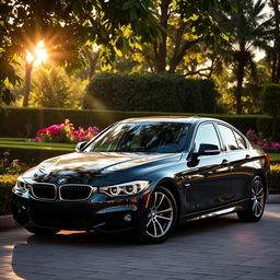 A sleek black BMW parked gracefully in a lush garden, surrounded by vibrant flowers and greenery