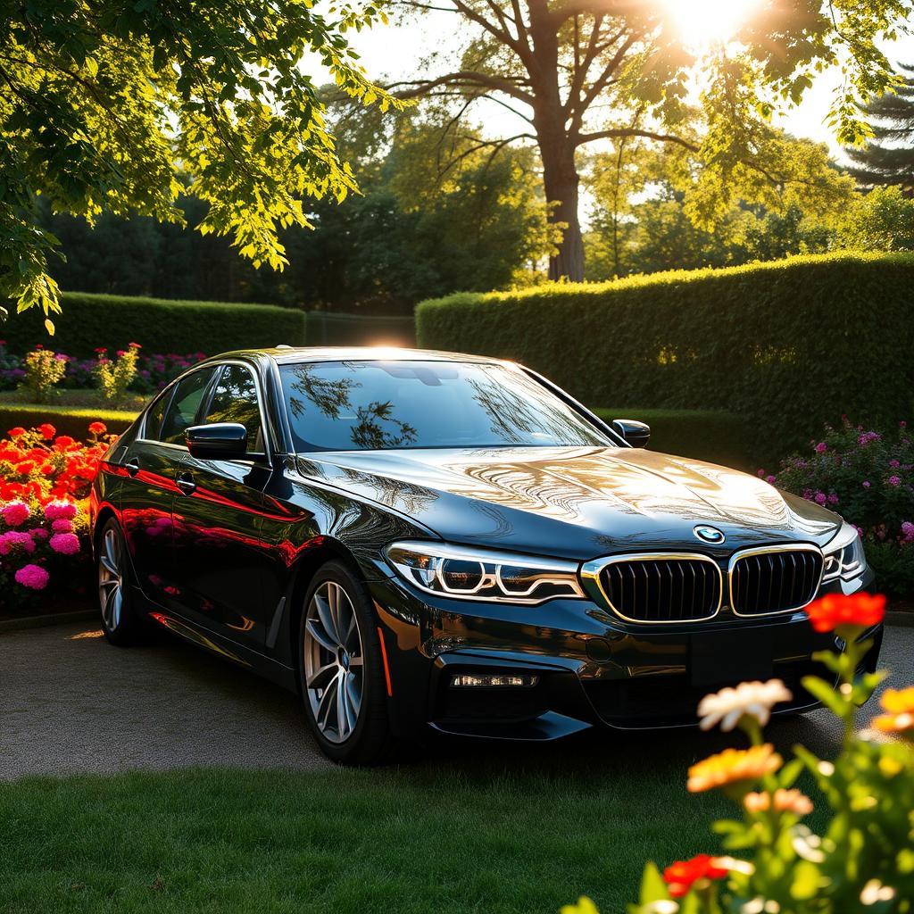 A sleek black BMW parked gracefully in a lush garden, surrounded by vibrant flowers and greenery