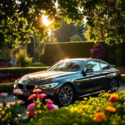 A sleek black BMW parked gracefully in a lush garden, surrounded by vibrant flowers and greenery