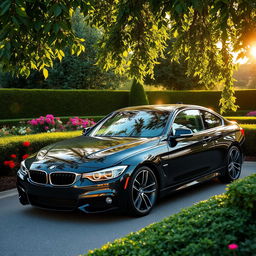 A sleek black BMW parked gracefully in a lush garden, surrounded by vibrant flowers and greenery