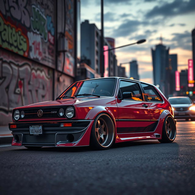 A lowered Golf car inspired by the style of Grand Theft Auto, featuring oversized, aggressive wheels