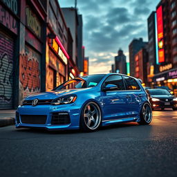 A lowered Golf car inspired by the style of Grand Theft Auto, featuring oversized, aggressive wheels